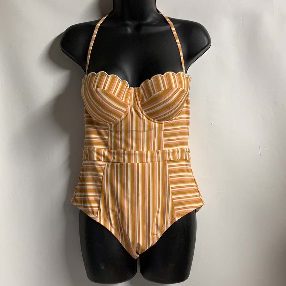 LC Lauren Conrad L multicolor stripe halter underwire one piece swimsuit.